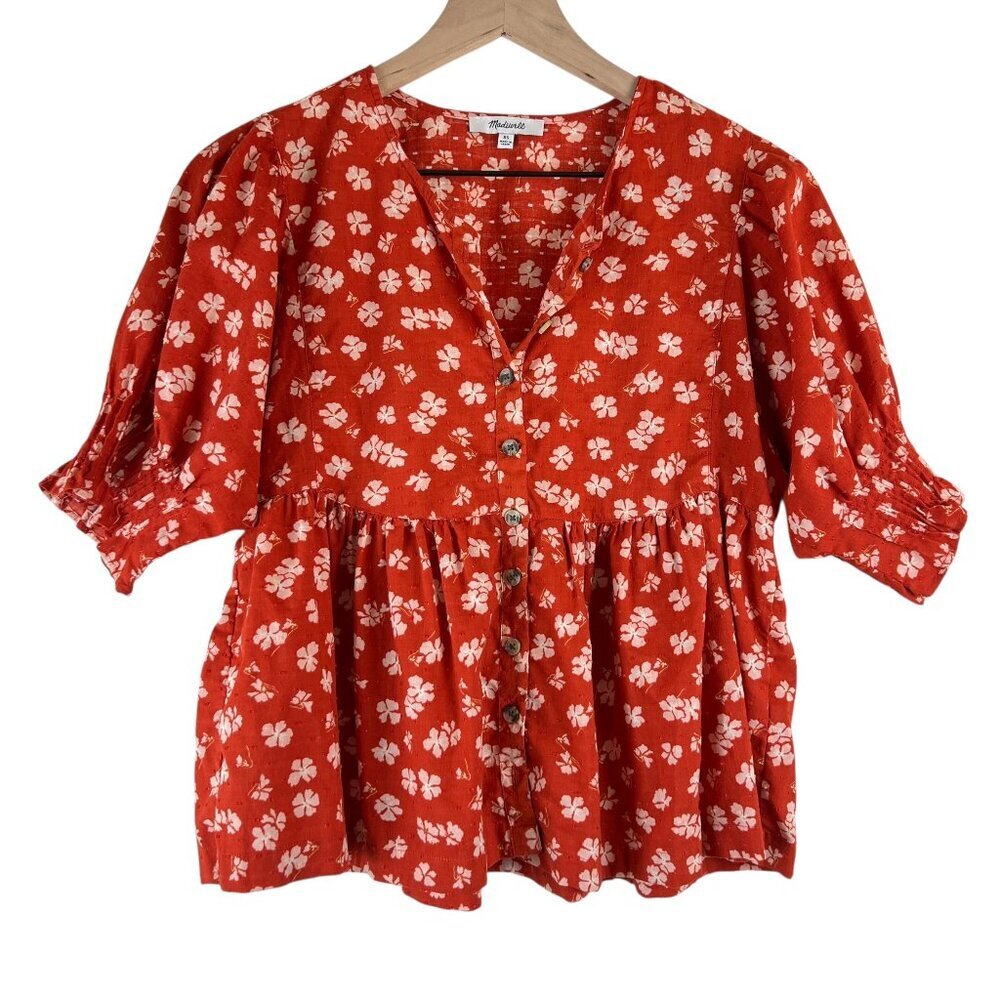 Madewell Happy Hibiscus Swiss Dot Puff Sleeve Button Front Top